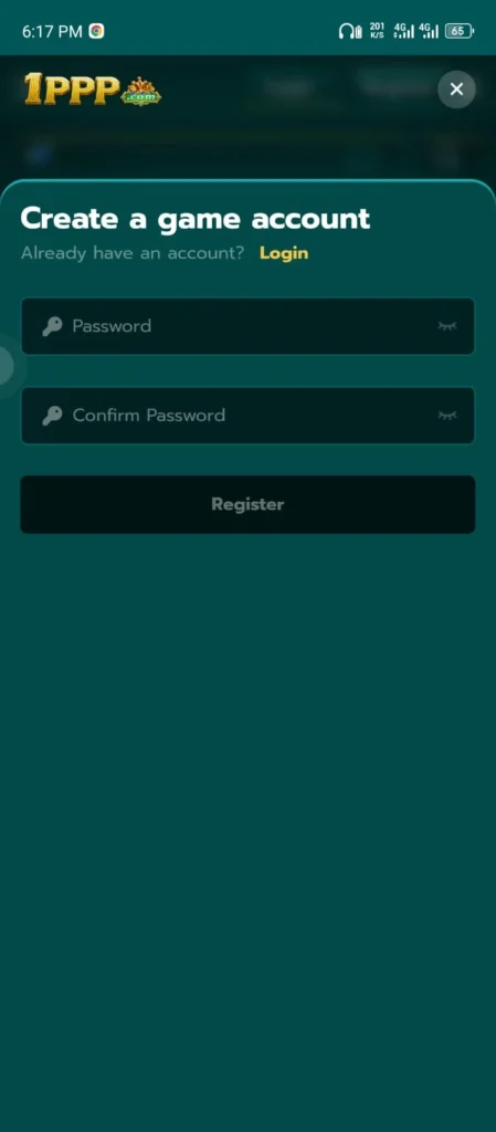 1ppp game setting up account screenshot